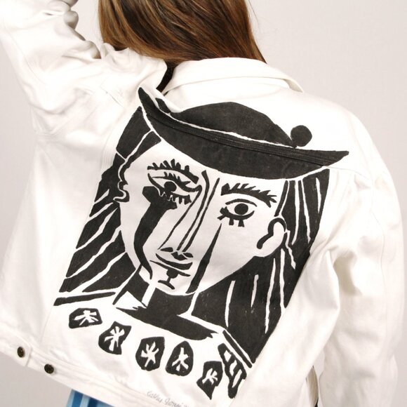 90s Hand Painted Abstract Face Jacket (L) large white denim vintage diy grunge - Picture 7 of 9